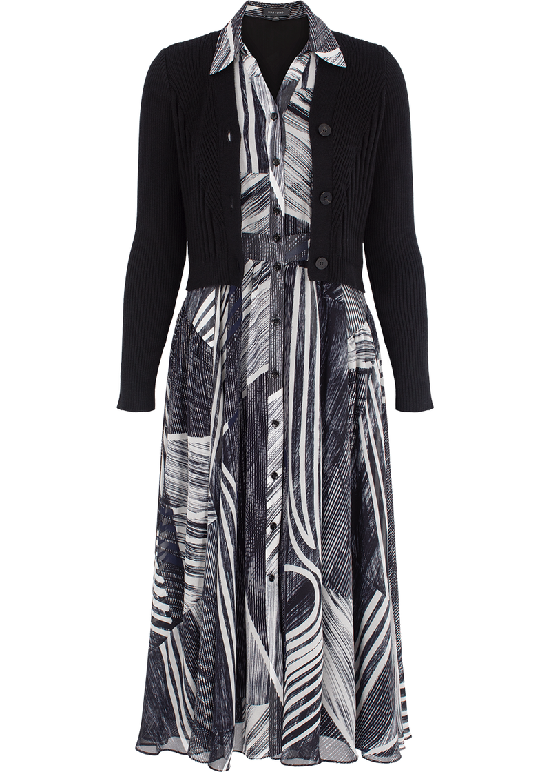 SALAZIA Black-White Snow Trail Long-Sleeve Dresses
