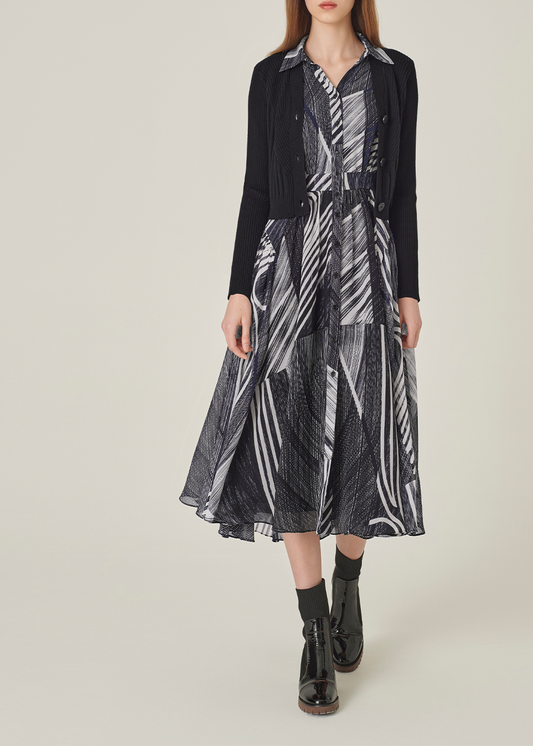 SALAZIA Black-White Snow Trail Long-Sleeve Dresses