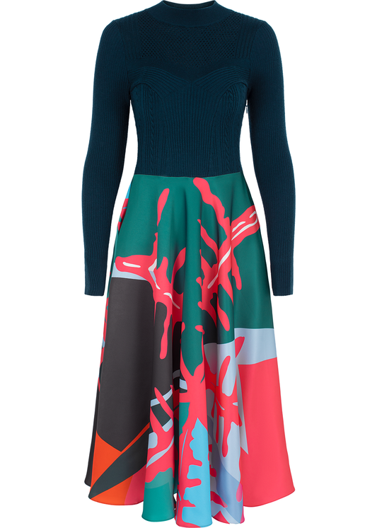 SALAZIA Pink-Green Artistic Wool Blend Dresses