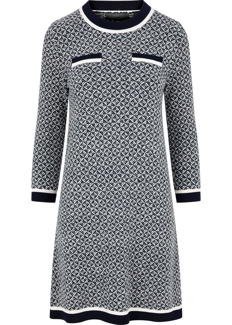 SALAZIA Blue-White Colorblock Wool Blend Knit Long-Sleeve Dresses