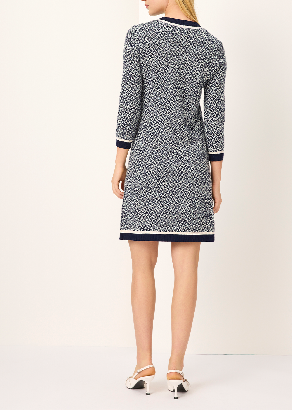 SALAZIA Blue-White Colorblock Wool Blend Knit Long-Sleeve Dresses