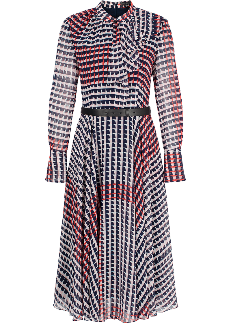 SALAZIA Pink-Black-Red Houndstooth Long-Sleeve Dresses