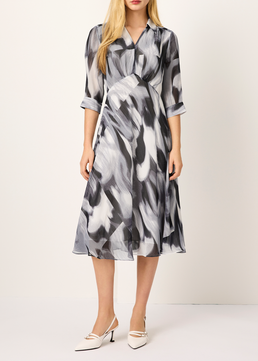 SALAZIA Black-White Violet Print Long-Sleeve Dresses