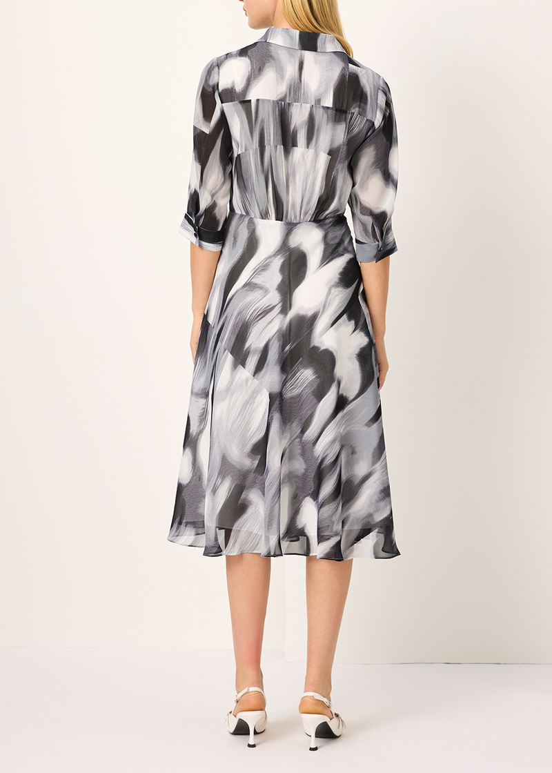 SALAZIA Black-White Violet Print Long-Sleeve Dresses