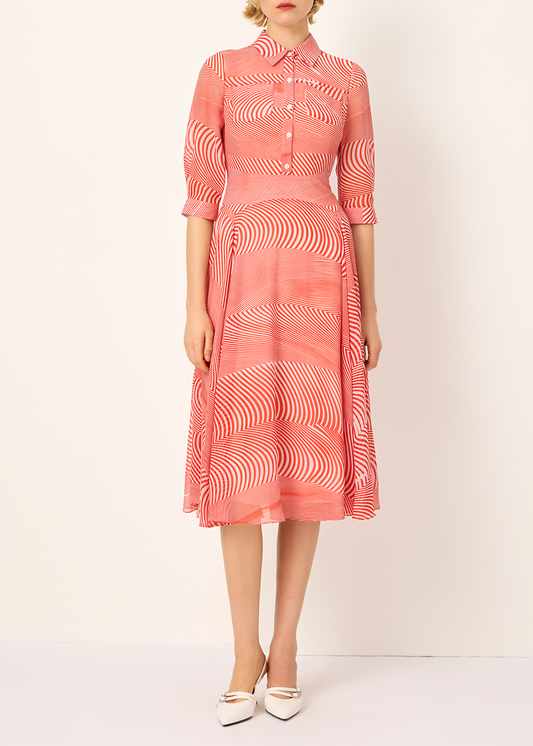 SALAZIA Red-White Wave Long-Sleeve Dresses