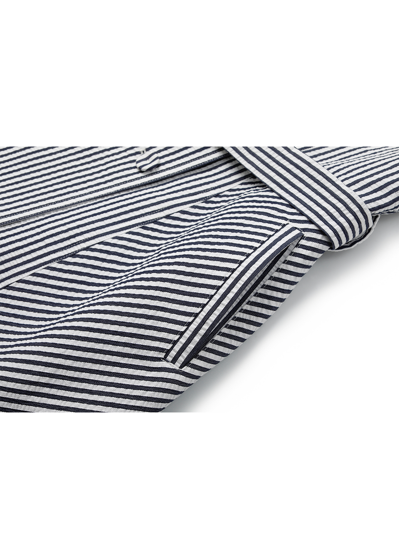 SALAZIA Blue-White Stripe Cotton Blend Long-Sleeve Dresses
