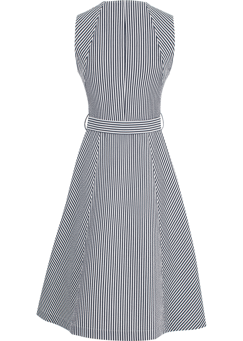 SALAZIA Blue-White Stripe Cotton Blend Long-Sleeve Dresses
