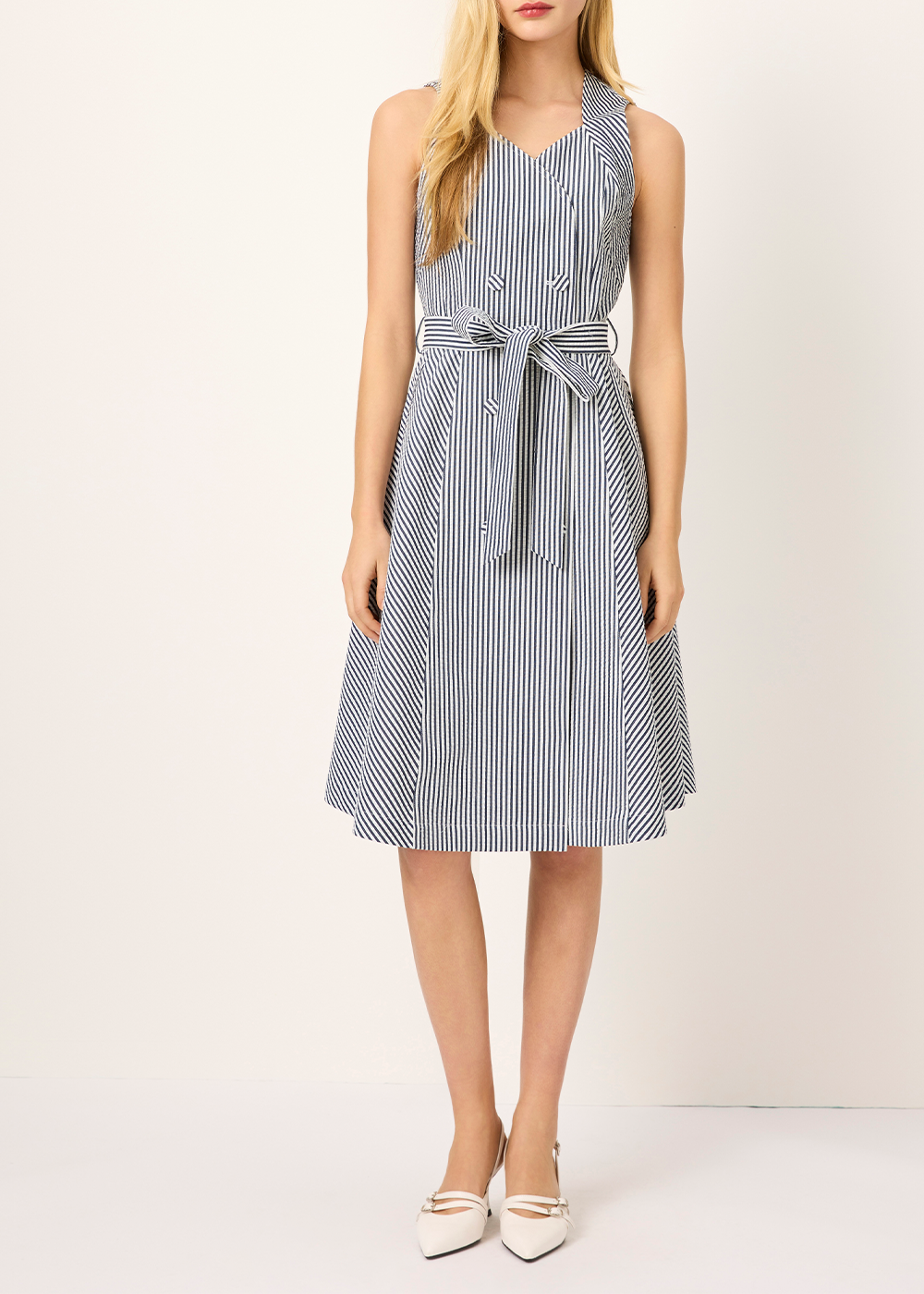 SALAZIA Blue-White Stripe Cotton Blend Long-Sleeve Dresses