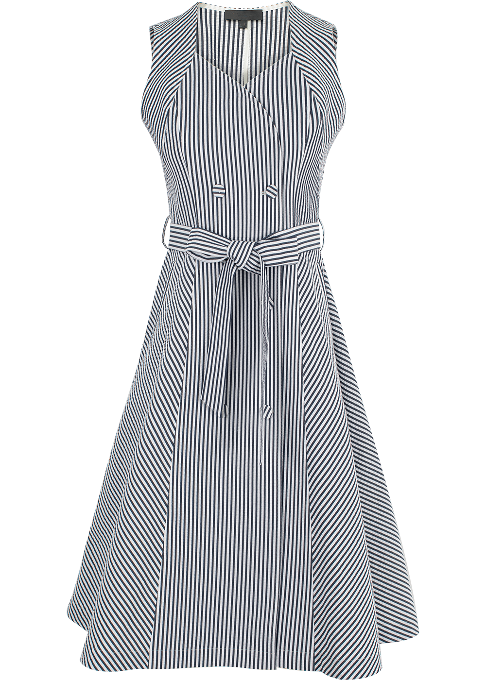 SALAZIA Blue-White Stripe Cotton Blend Long-Sleeve Dresses