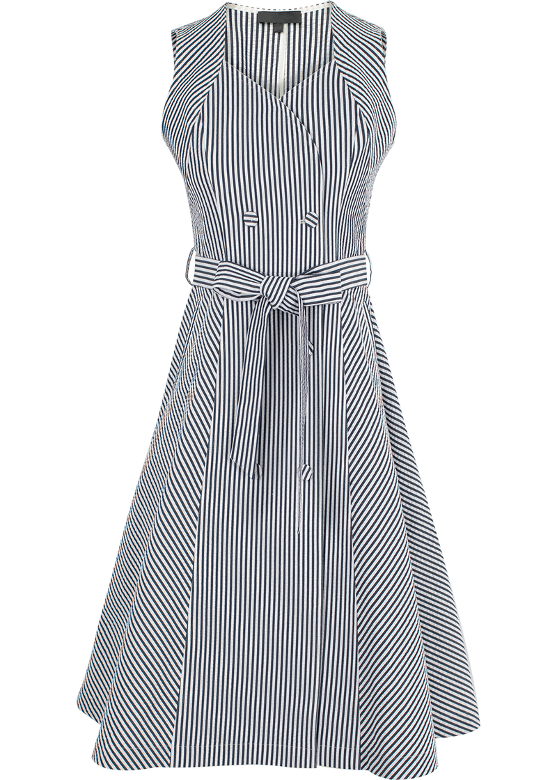 SALAZIA Blue-White Stripe Cotton Blend Long-Sleeve Dresses