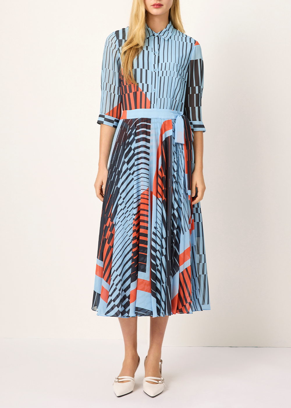 SALAZIA Blue-Black-Red Geometric Long-Sleeve Dresses