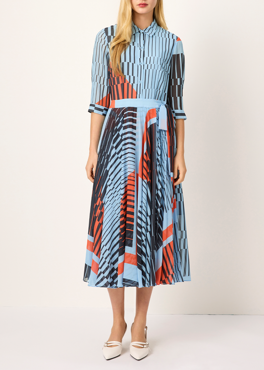 SALAZIA Blue-Black-Red Geometric Long-Sleeve Dresses