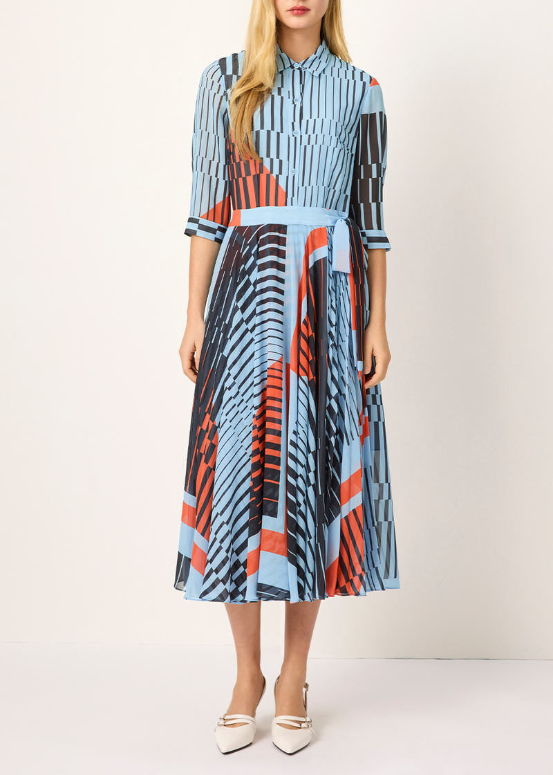 SALAZIA Blue-Black-Red Geometric Long-Sleeve Dresses