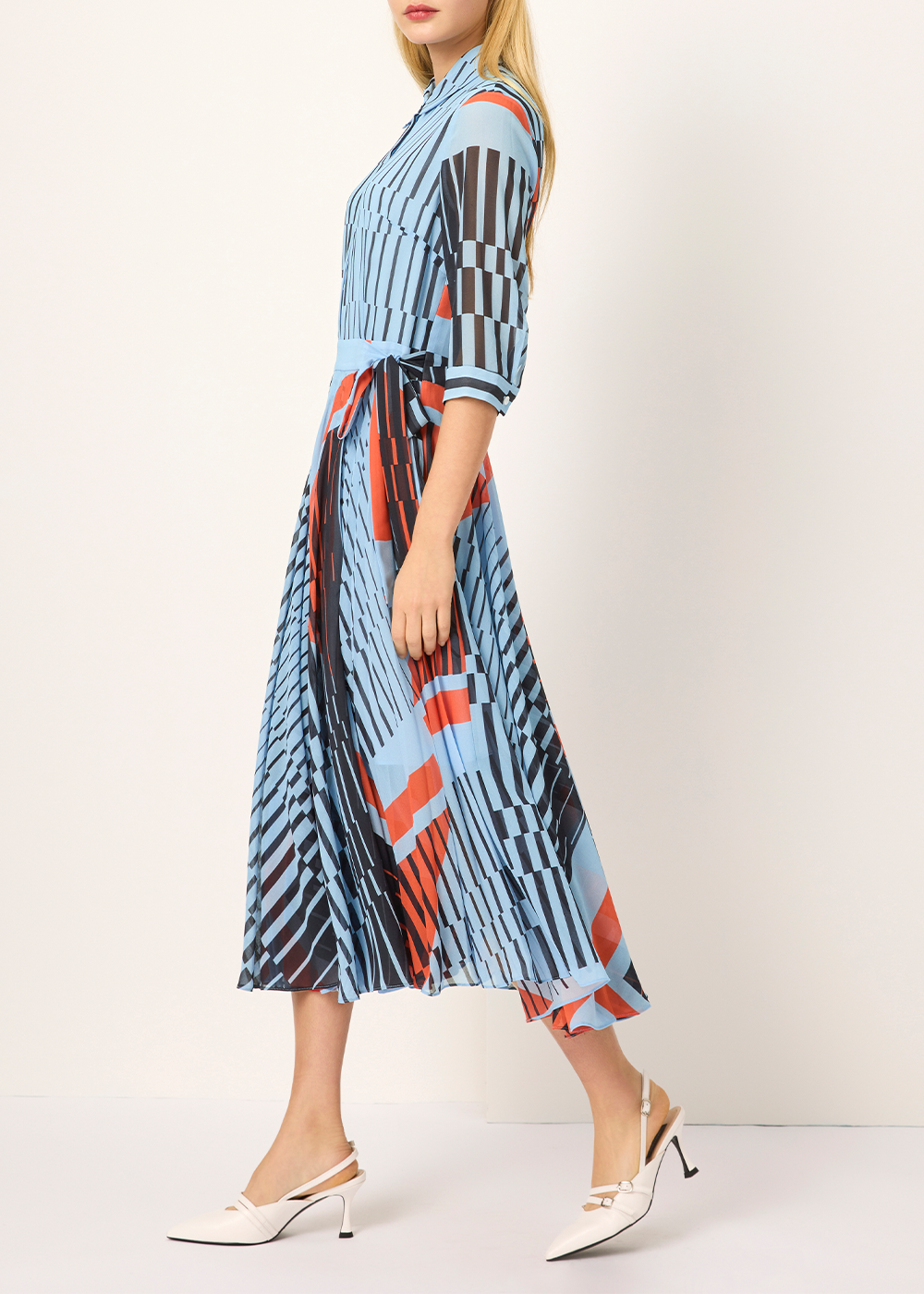 SALAZIA Blue-Black-Red Geometric Long-Sleeve Dresses