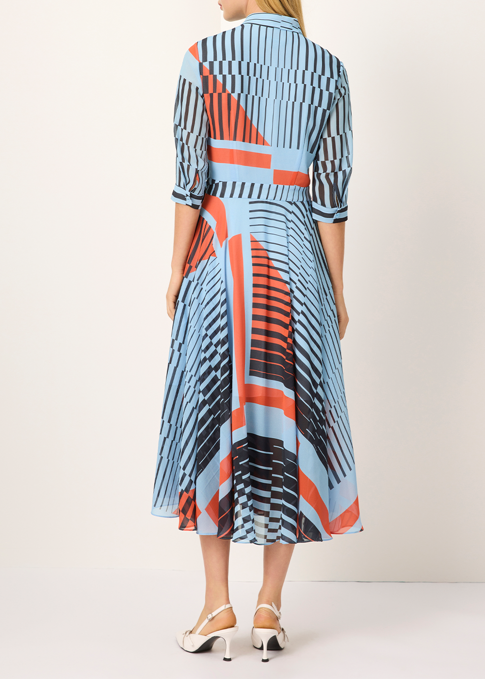 SALAZIA Blue-Black-Red Geometric Long-Sleeve Dresses
