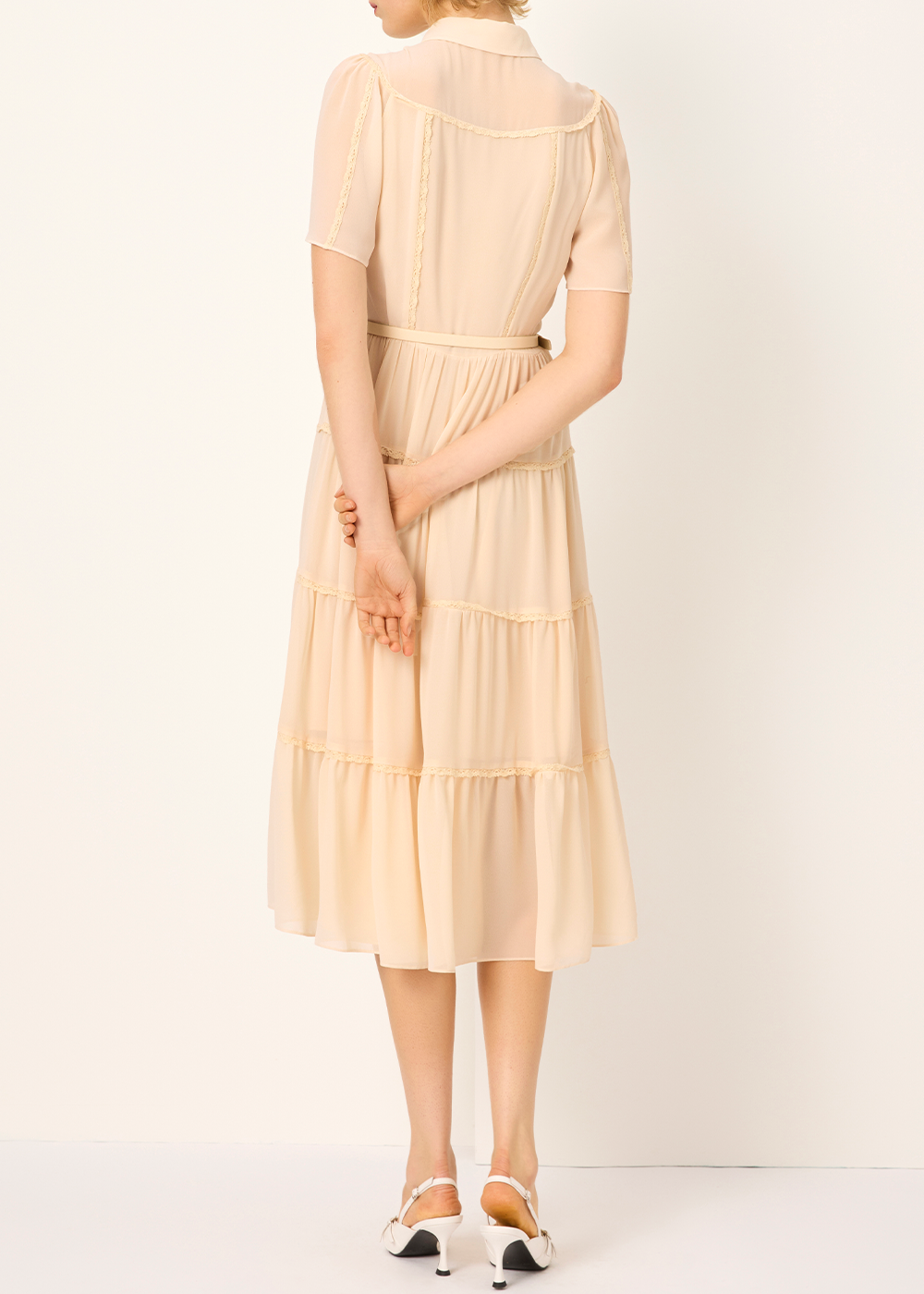 SALAZIA Beige Silk Short-Sleeve Dresses