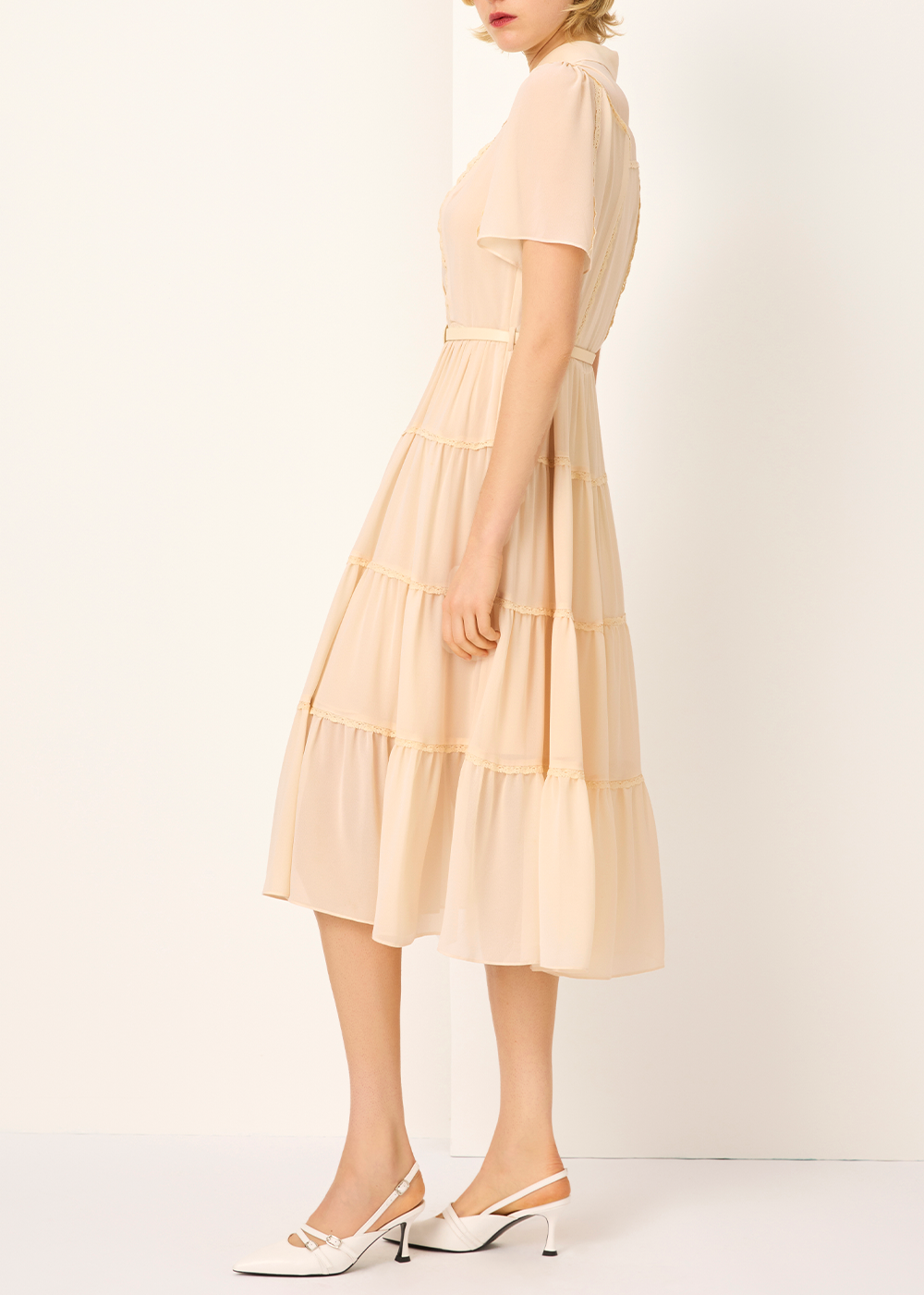 SALAZIA Beige Silk Short-Sleeve Dresses