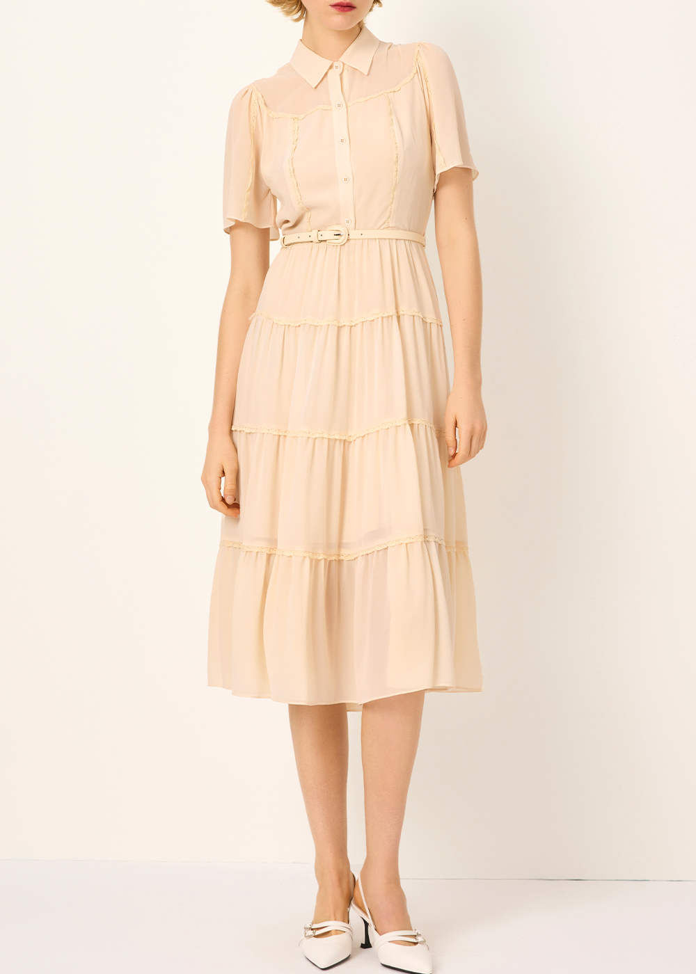 SALAZIA Beige Silk Short-Sleeve Dresses