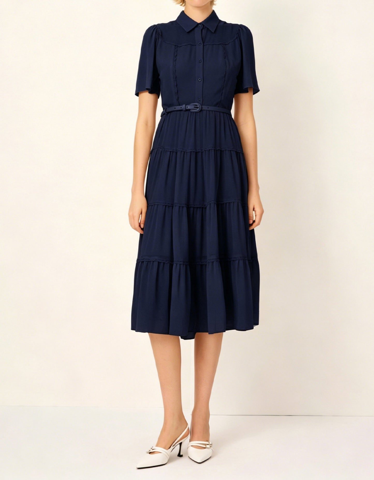 SALAZIA Short-sleeved fitted waist long Dresses