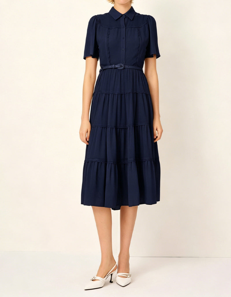 SALAZIA Short-sleeved fitted waist long Dresses