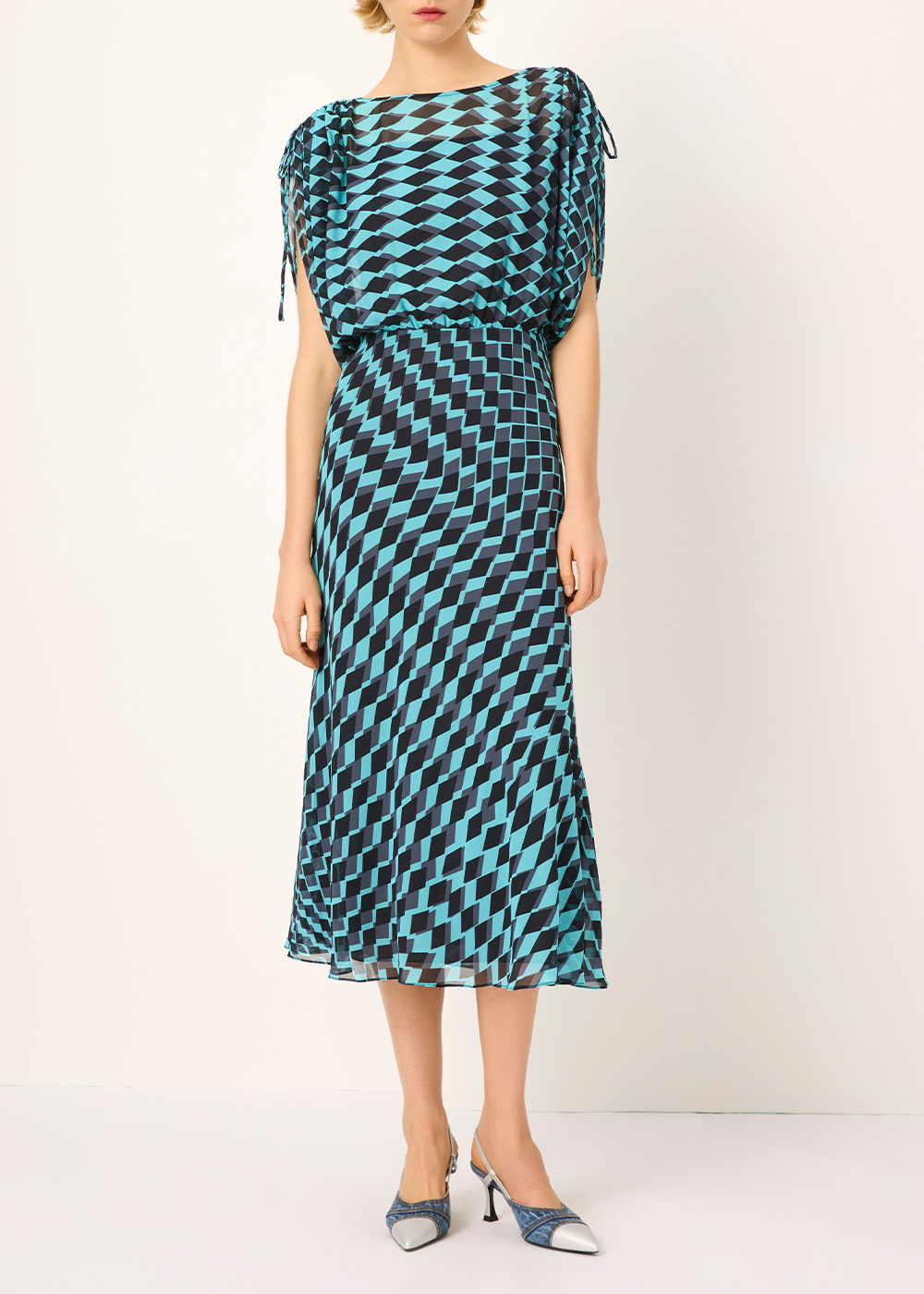 SALAZIA Blue-Black Diamond Grid Dresses