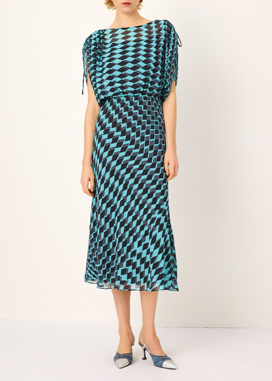 SALAZIA Blue-Black Diamond Grid Dresses