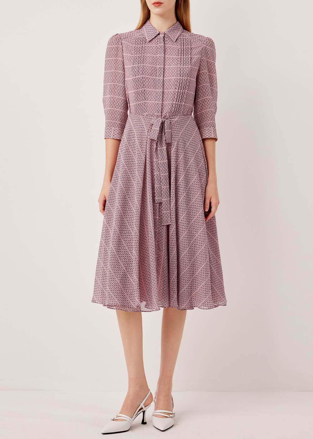 SALAZIA Pink Gingham Lace Long-Sleeve Dresses