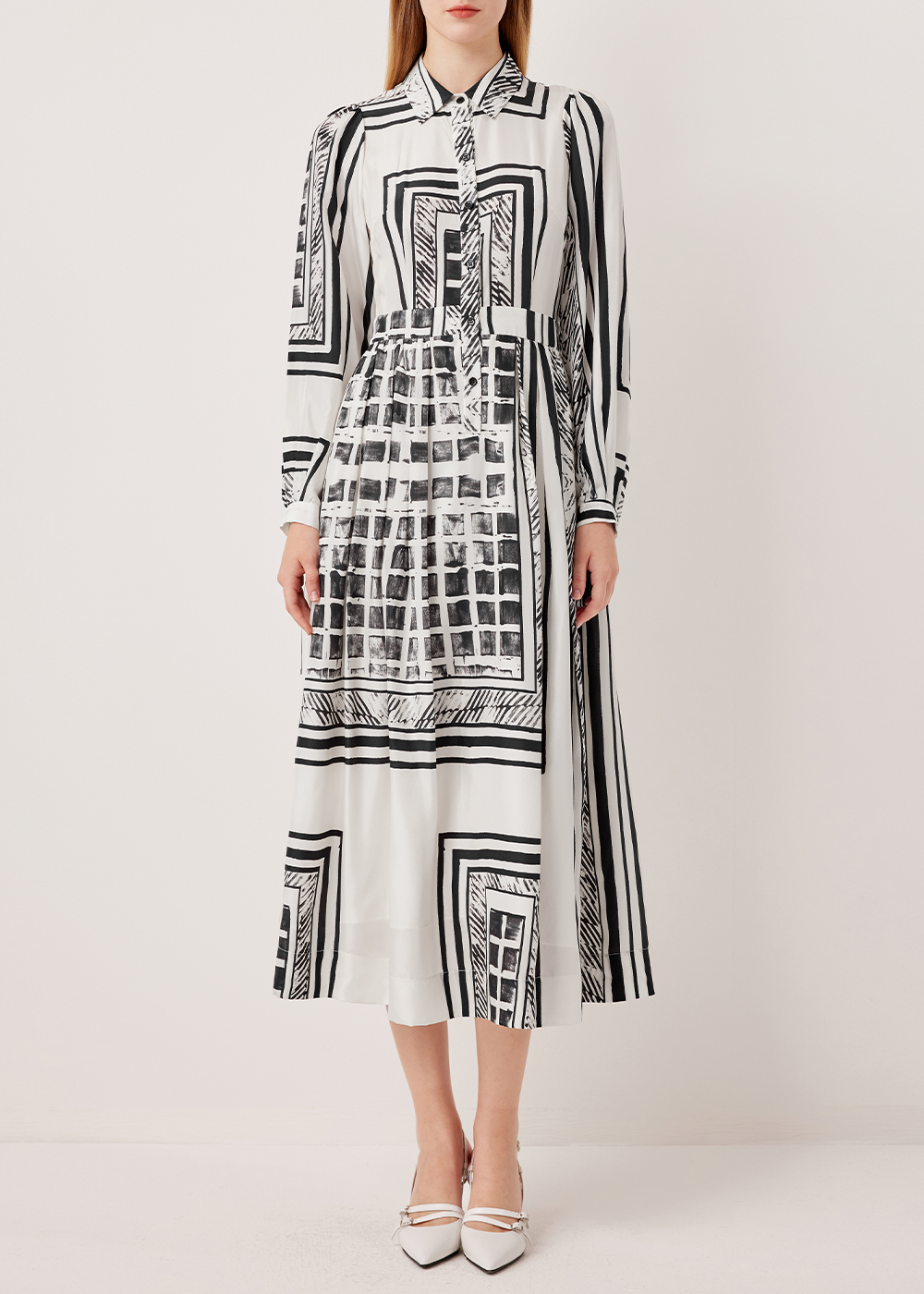 SALAZIA Black-White Light Shadow Silk Dresses
