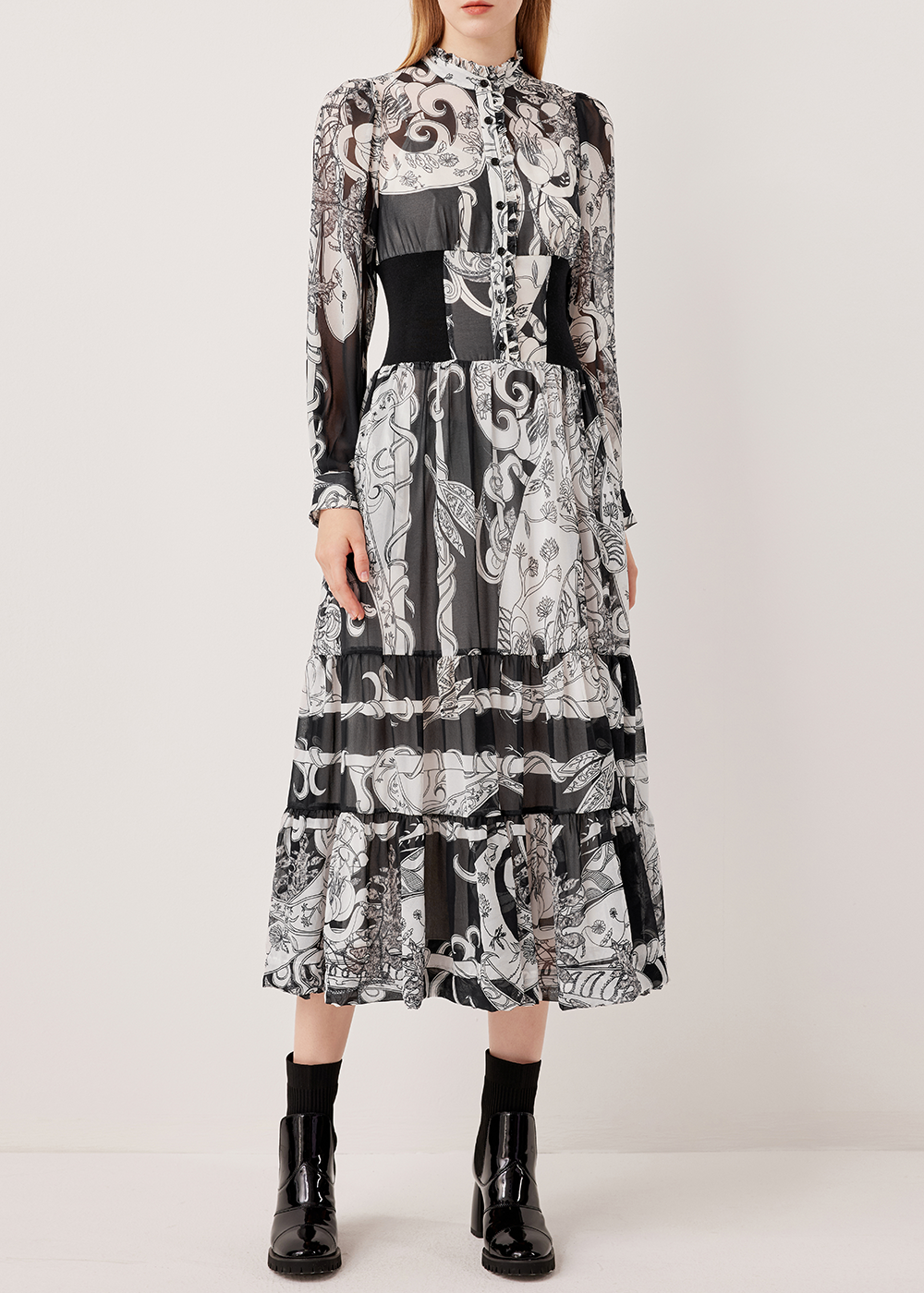 SALAZIA Black-White Ironwork Paisley Long-Sleeve Dresses