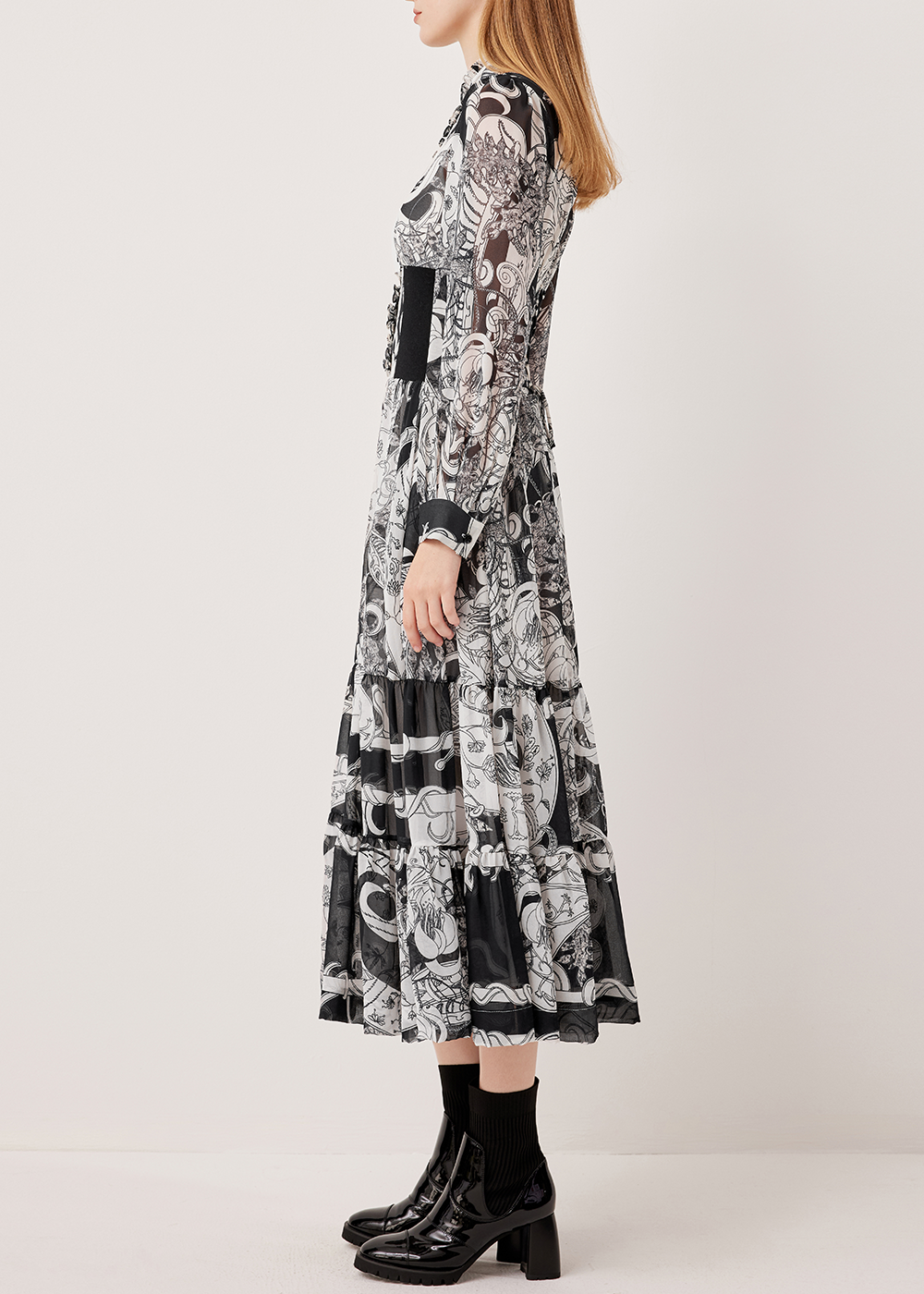 SALAZIA Black-White Ironwork Paisley Long-Sleeve Dresses