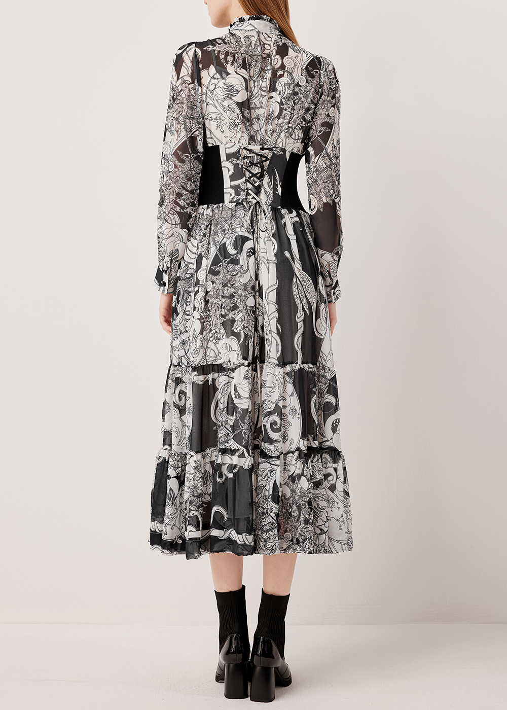 SALAZIA Black-White Ironwork Paisley Long-Sleeve Dresses