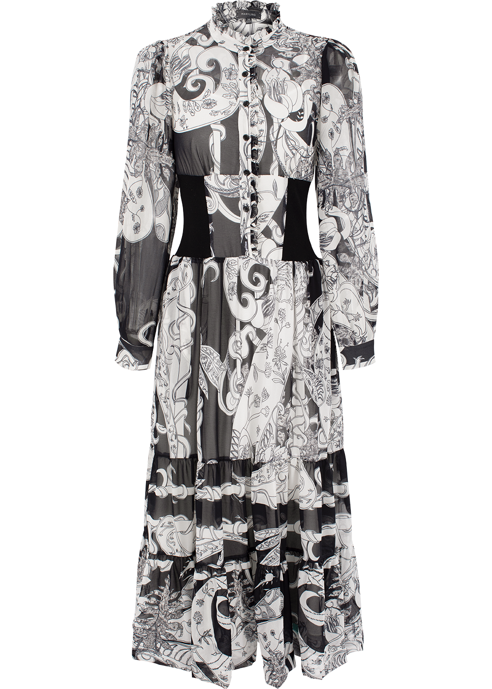 SALAZIA Black-White Ironwork Paisley Long-Sleeve Dresses