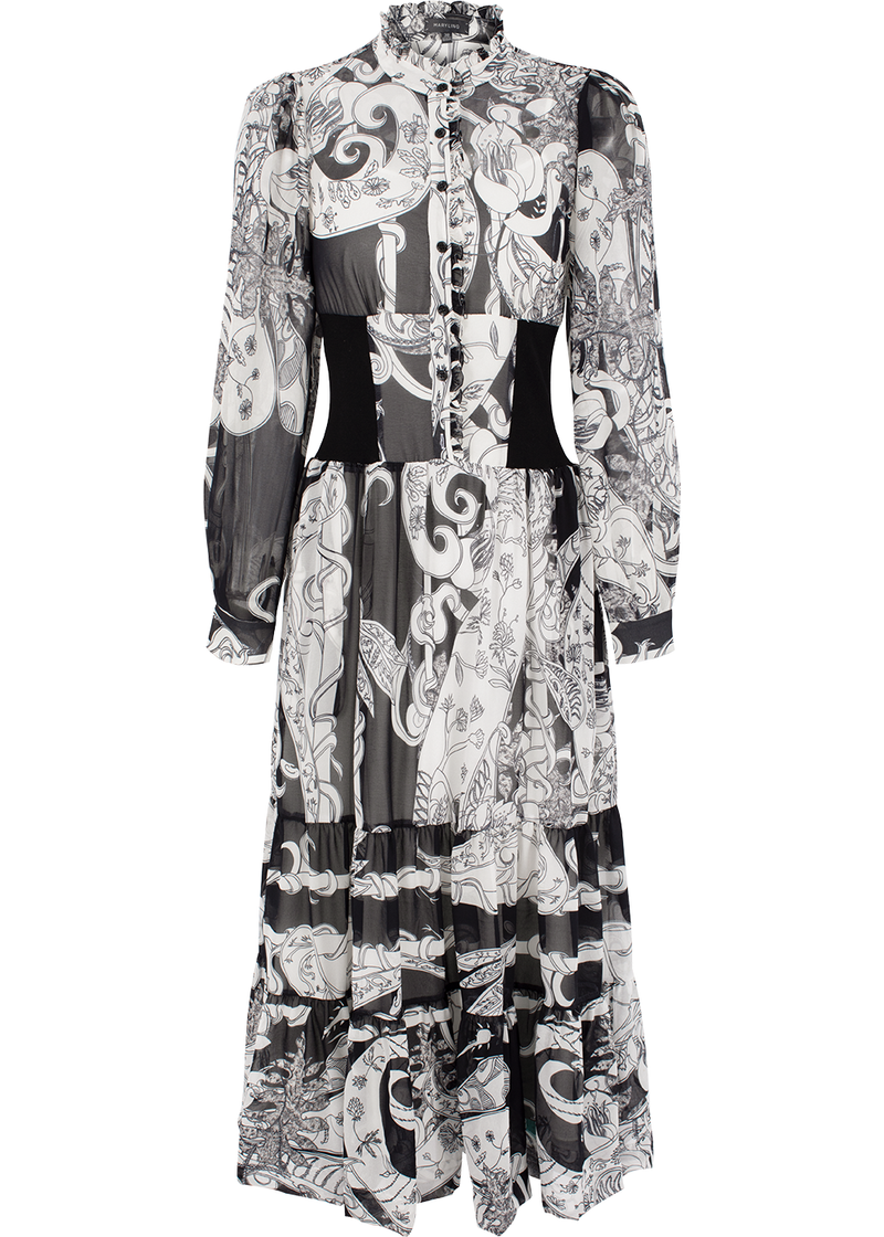 SALAZIA Black-White Ironwork Paisley Long-Sleeve Dresses