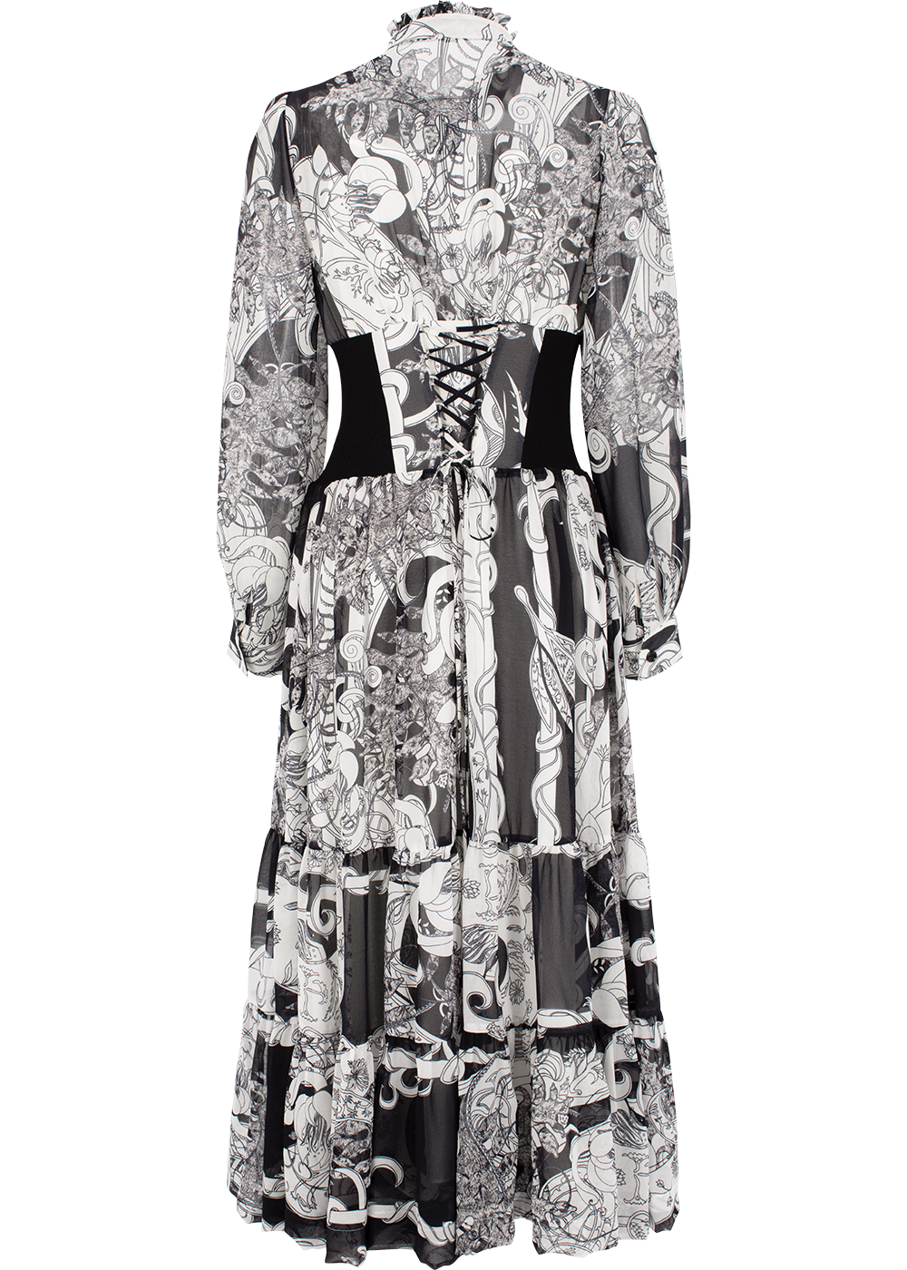SALAZIA Black-White Ironwork Paisley Long-Sleeve Dresses