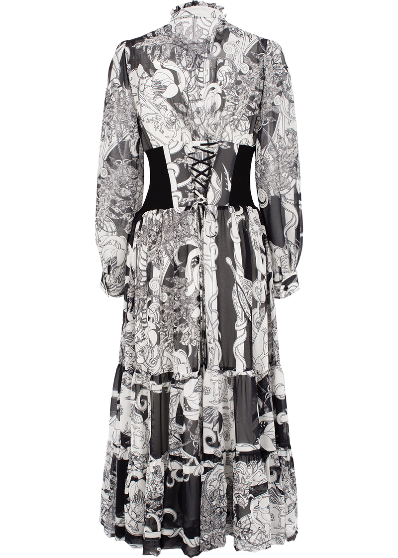 SALAZIA Black-White Ironwork Paisley Long-Sleeve Dresses