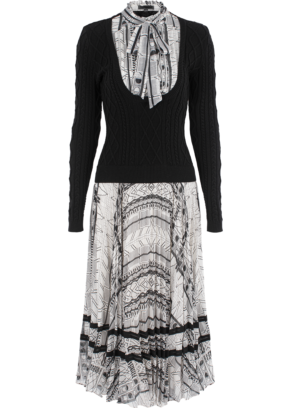 SALAZIA Black-White Line Art Wool Blend Dresses