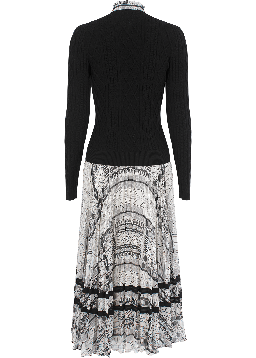 SALAZIA Black-White Line Art Wool Blend Dresses