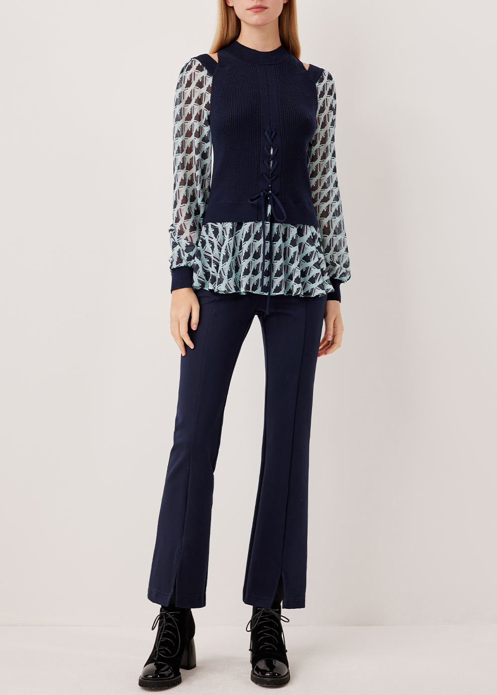 SALAZIA Blue-Black Houndstooth Blouses