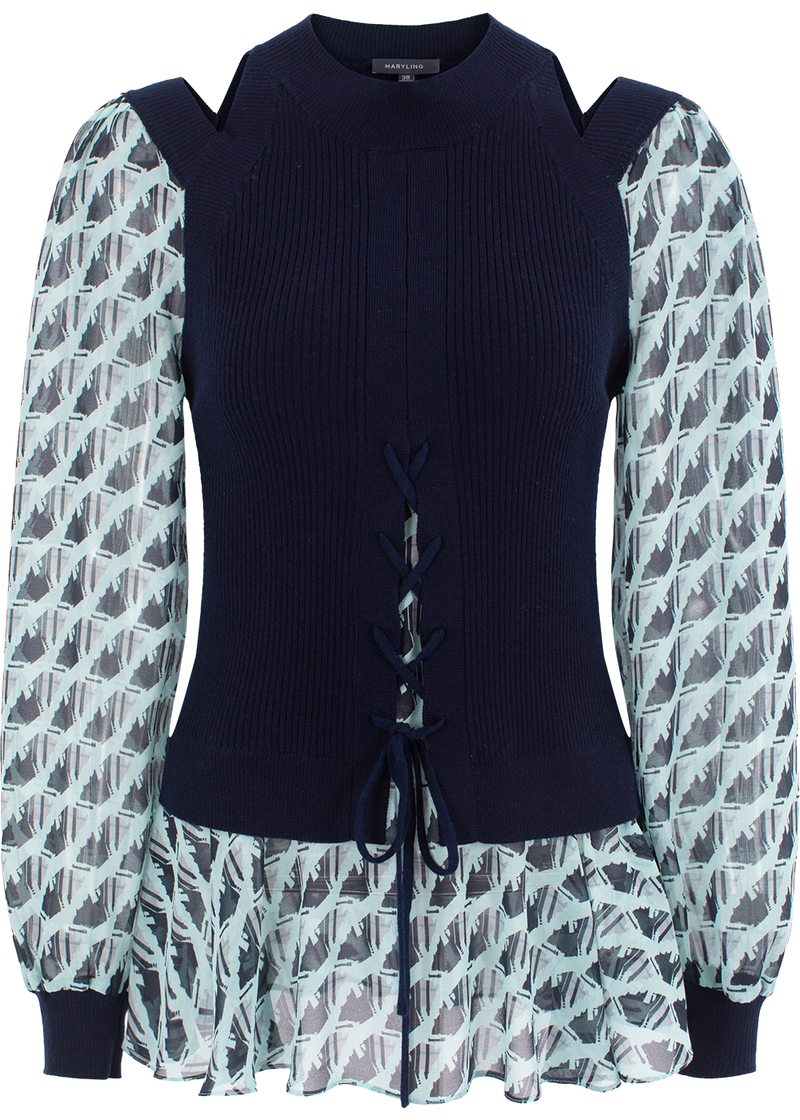 SALAZIA Blue-Black Houndstooth Blouses