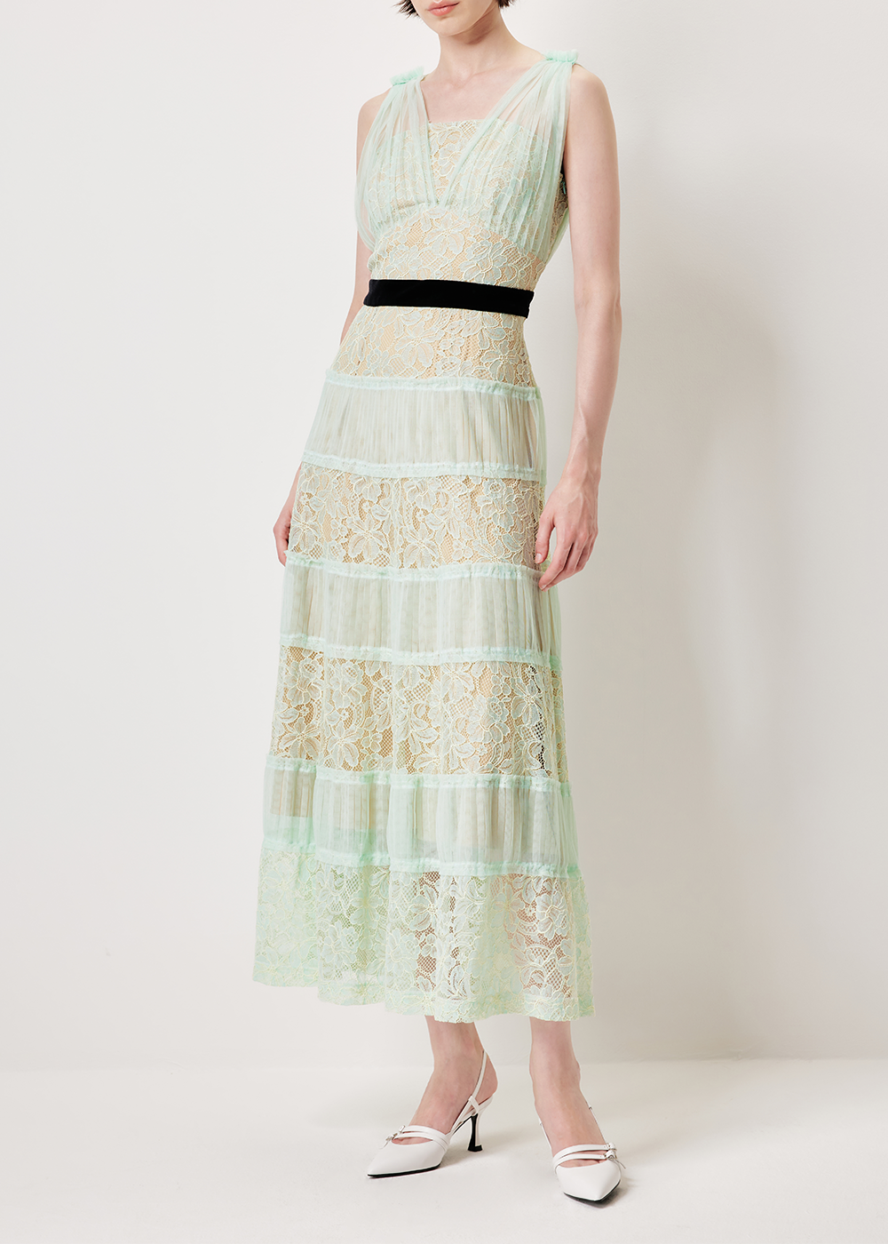 SALAZIA Monet Green Lace-Velvet Blend Dresses