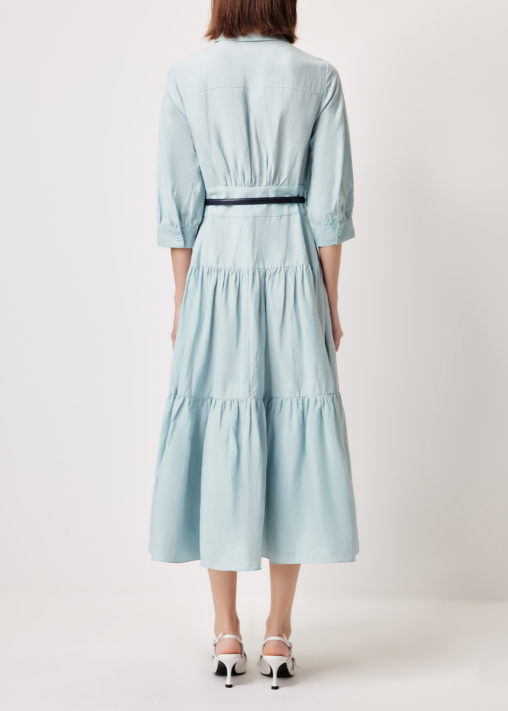 SALAZIA Ice Blue Viscose-Linen Blend Long-Sleeve Dresses