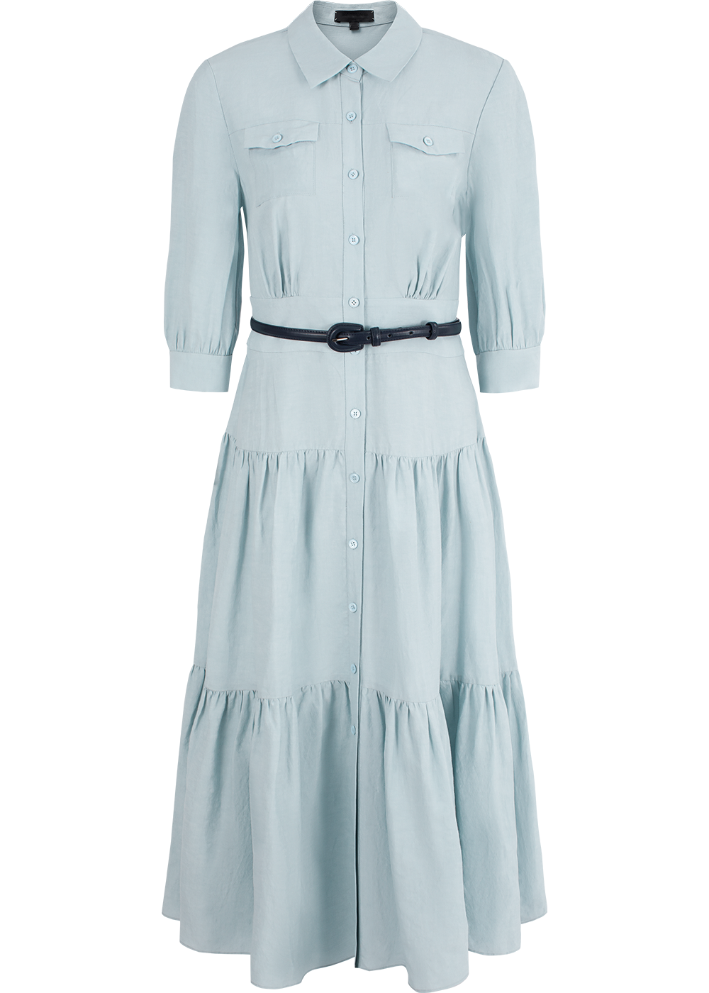 SALAZIA Ice Blue Viscose-Linen Blend Long-Sleeve Dresses