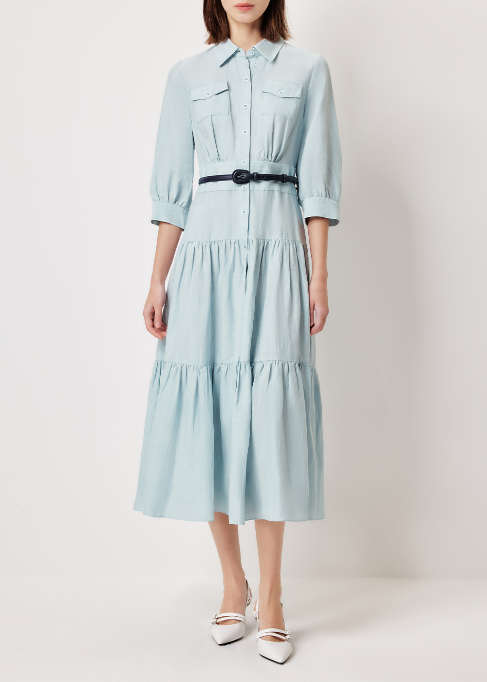 SALAZIA Ice Blue Viscose-Linen Blend Long-Sleeve Dresses