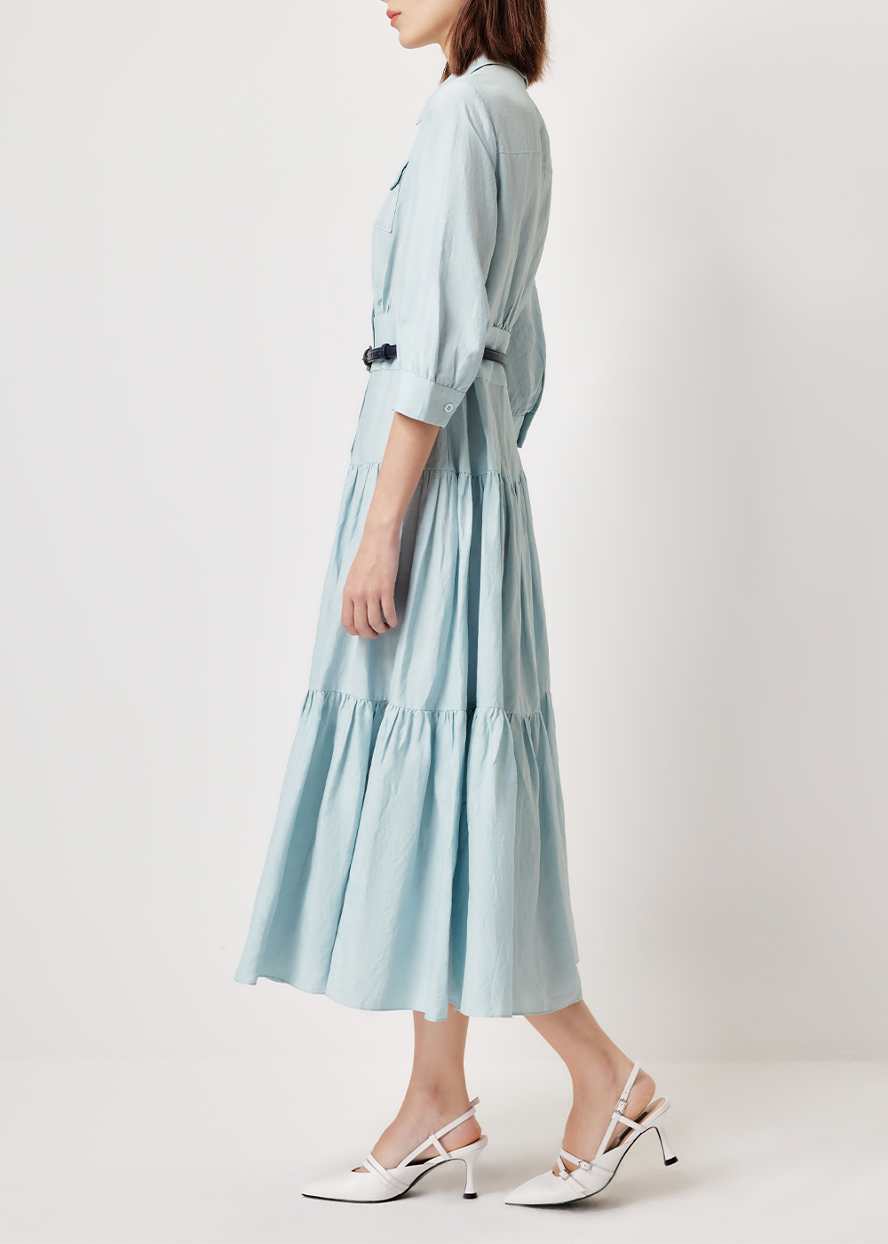 SALAZIA Ice Blue Viscose-Linen Blend Long-Sleeve Dresses