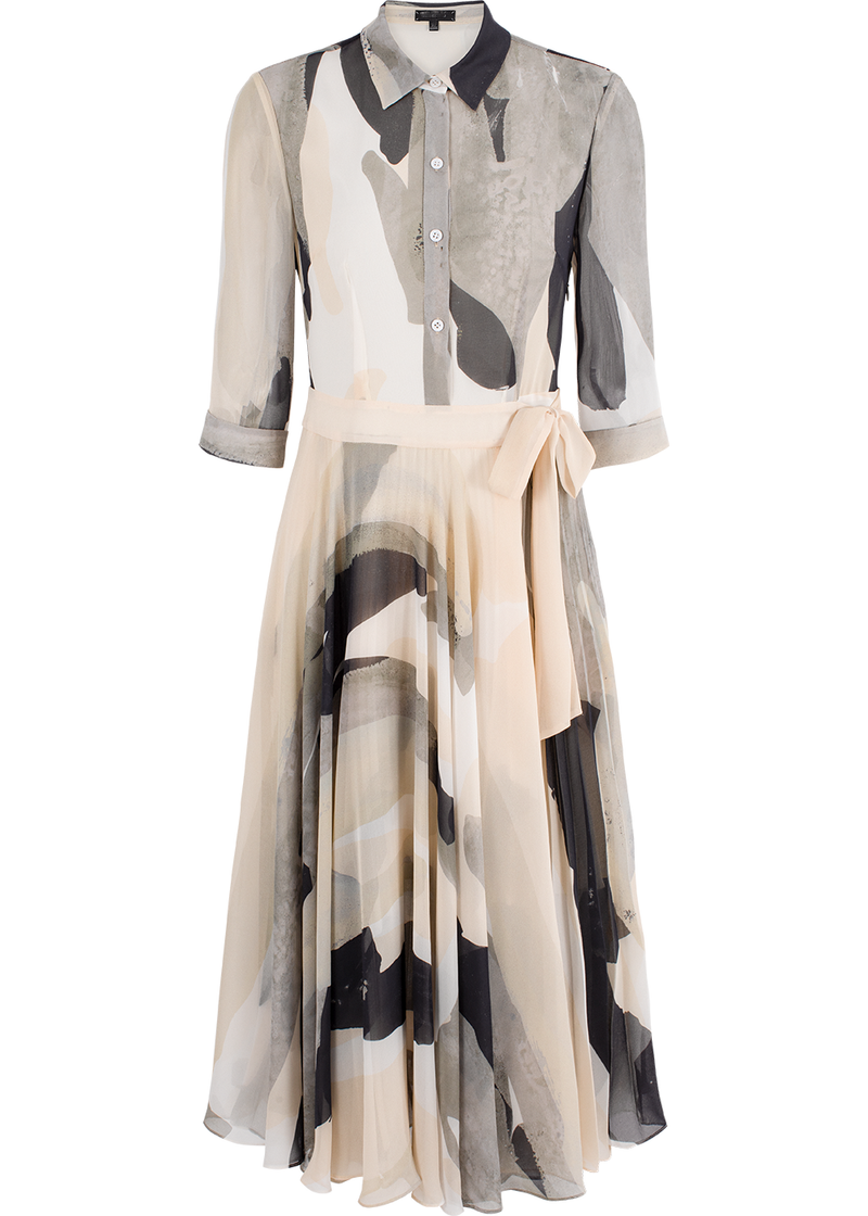 SALAZIA Beige-Black Brushstroke Long-Sleeve Dresses