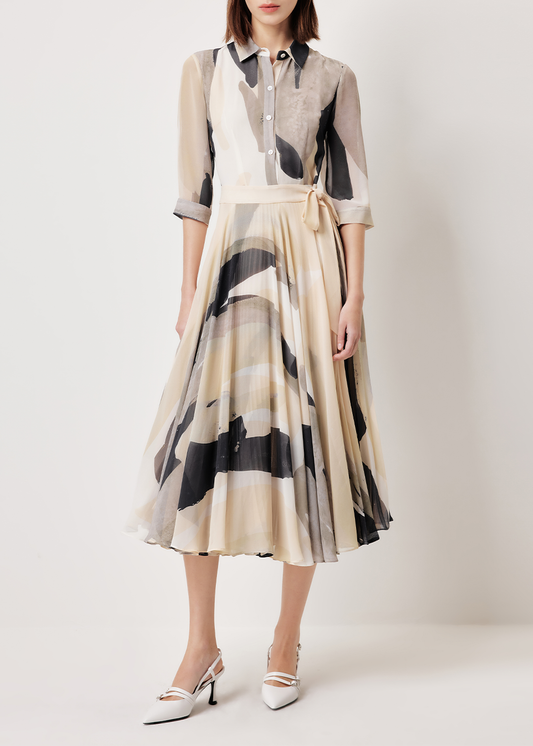 SALAZIA Beige-Black Brushstroke Long-Sleeve Dresses