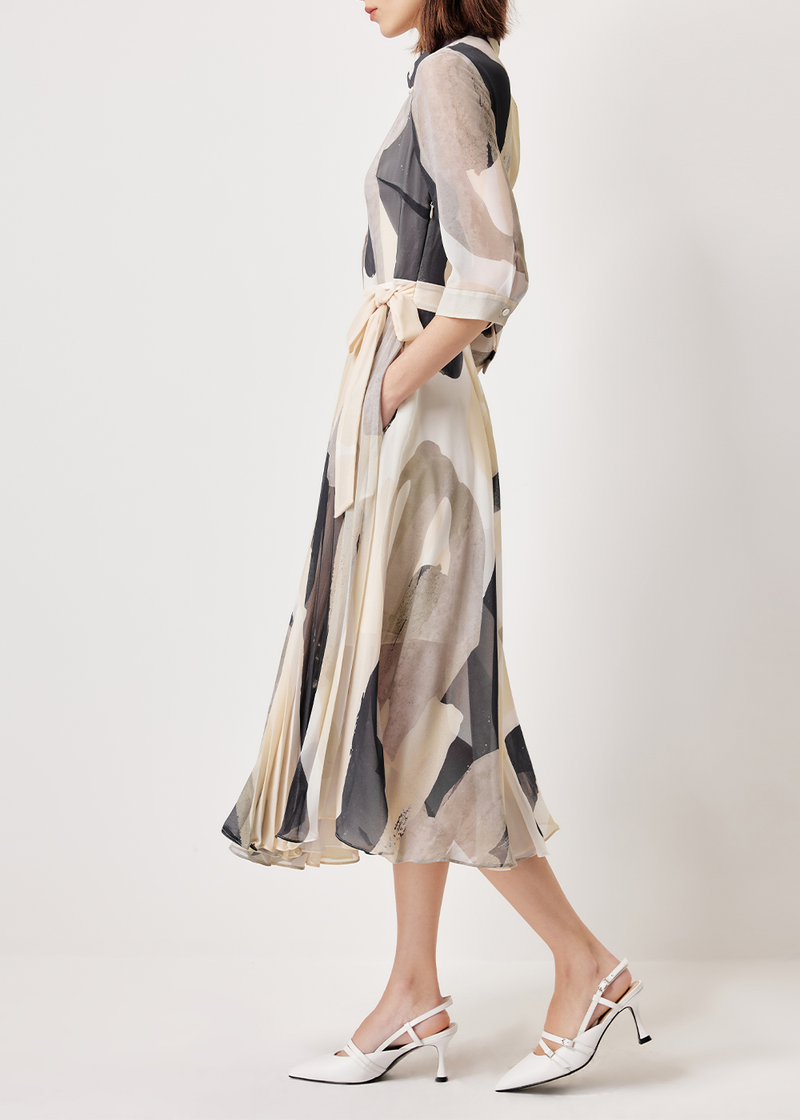 SALAZIA Beige-Black Brushstroke Long-Sleeve Dresses