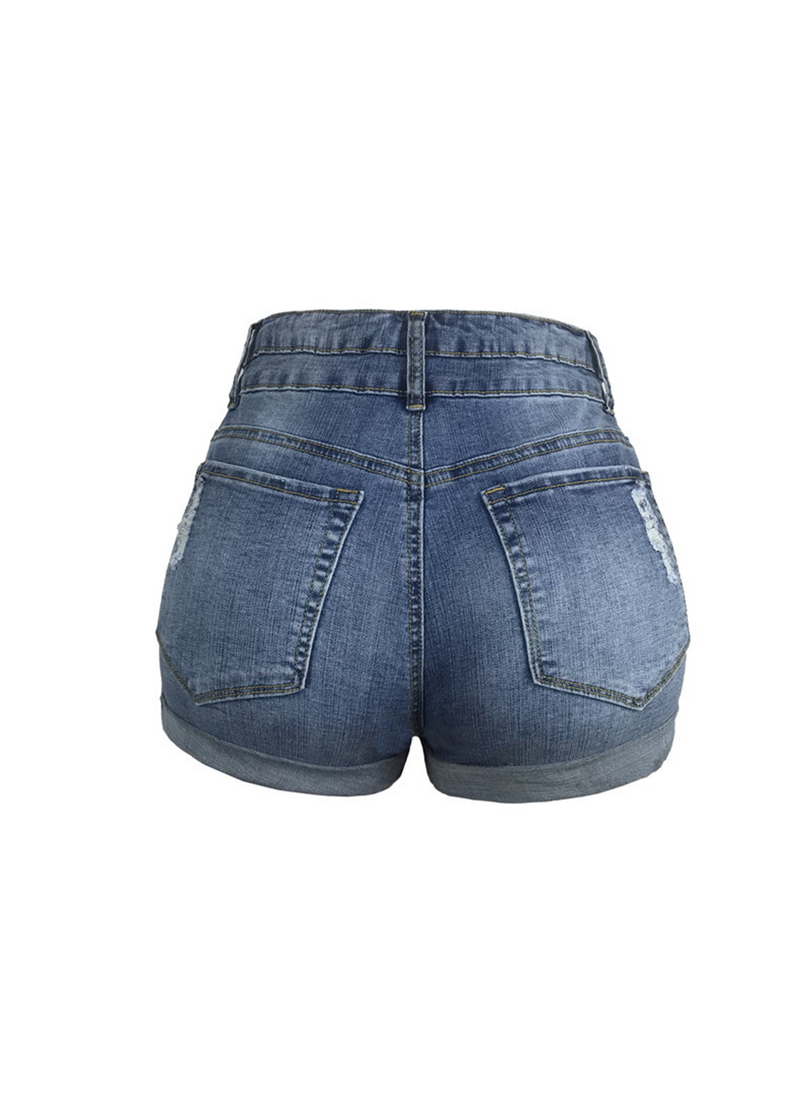 SALAZIA High-Waisted Stretchy Denim Shorts with Distressing and Cuffed Hems