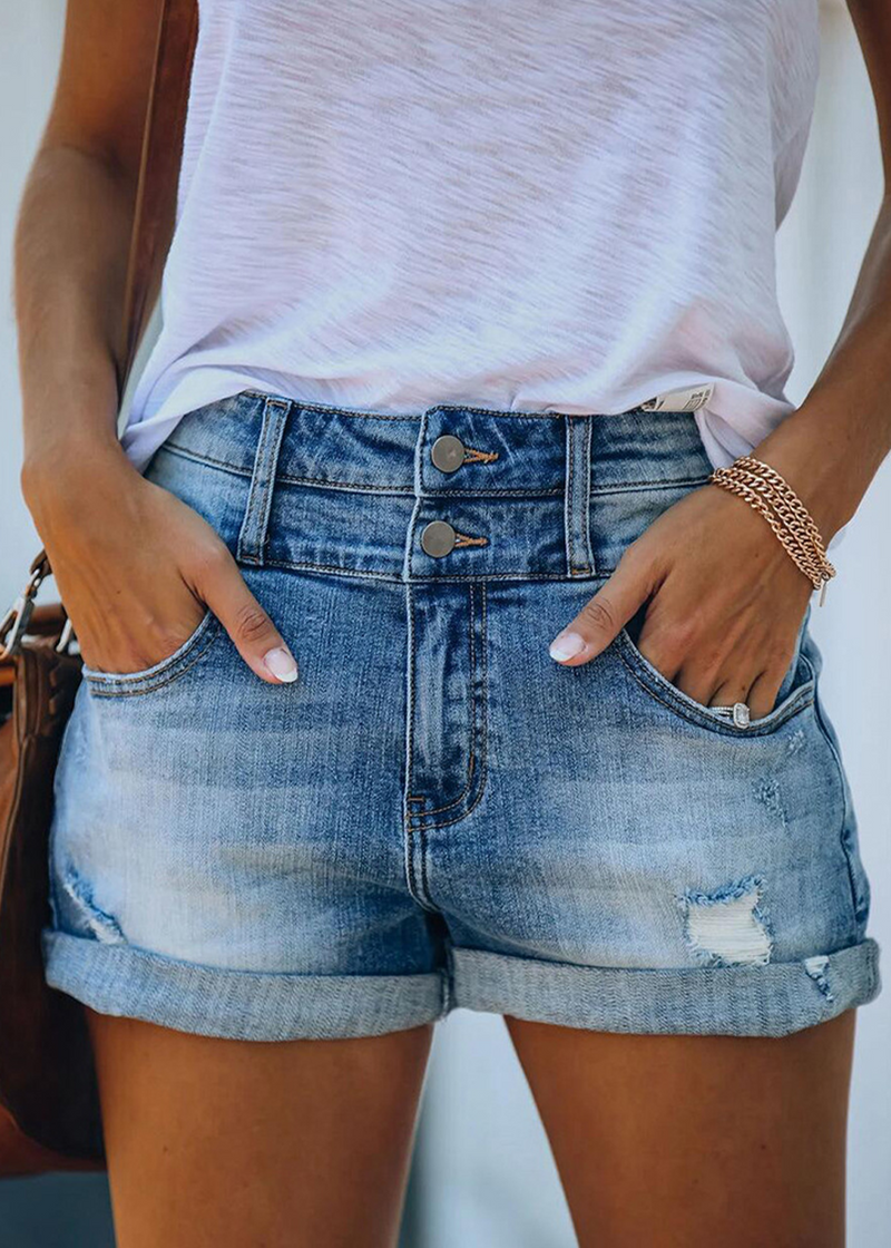 SALAZIA High-Waisted Stretchy Denim Shorts with Distressing and Cuffed Hems
