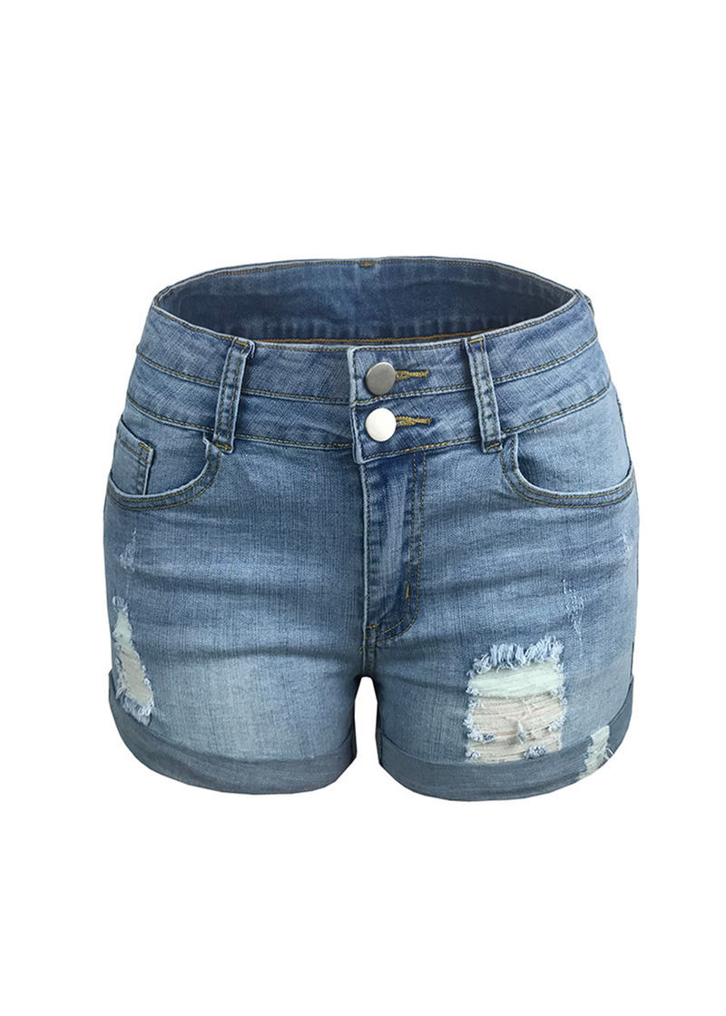 SALAZIA High-Waisted Stretchy Denim Shorts with Distressing and Cuffed Hems